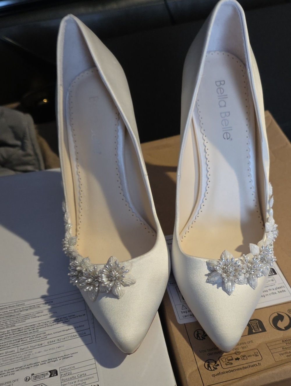 La Belle Ivory Satin Pointed Heels with Crystal Floral Appliqué